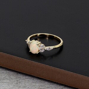 14k Oval Opal Engagement Ring | 7x5MM Natural Opal Ring | 6 Marquise Diamond Ring | October Birthstone Ring