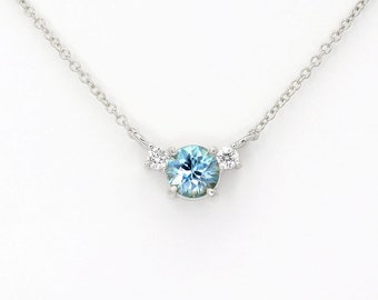 14k Blue Zircon Diamond Necklace | 5.0MM Blue Zircon Pendant | December Birthstone Necklace | Blue Zircon Charm | Real Gold Necklace