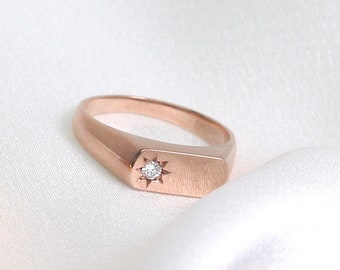 Anillo de sello rectangular de 14 k / Anillo de diamante natural de 2,0 mm / Anillo llamativo / Anillo de forma rectangular / Banda vintage / Anillo de oro real con forma de cúpula