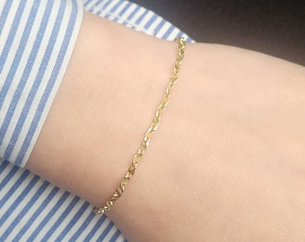 May include: A gold chain bracelet on a person's wrist.