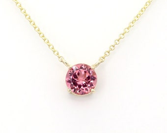 14k Pink Tourmaline Necklace | 6.0MM Tourmaline Pendant | Solitaire Necklace | October Birthstone Necklace | 14k Gold Elegant Necklace