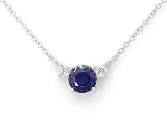 14k Sapphire Diamond Necklace | Real Gold Minimalist Necklace | 5.0MM Blue Sapphire Pendant | September Birthstone Necklace | Sapphire Charm