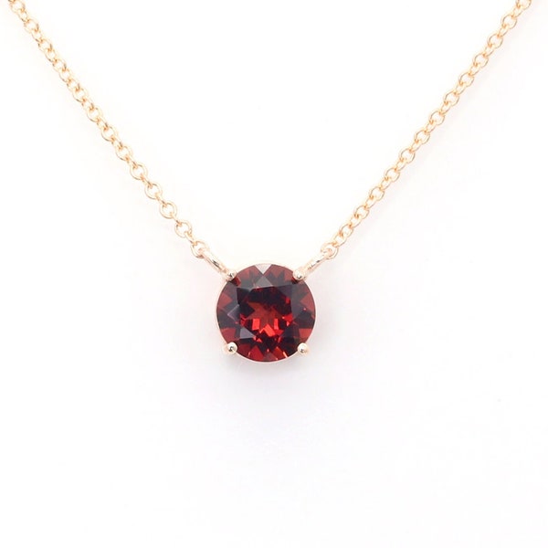 14k Natural Garnet Necklace | 6.0MM Garnet Pendant Necklace | Solitaire Necklace | January Birthstone Necklace | 14k White Gold Necklace