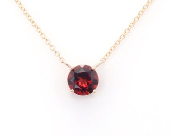 14k Natural Garnet Necklace | 6.0MM Garnet Pendant Necklace | Solitaire Necklace | January Birthstone Necklace | 14k White Gold Necklace