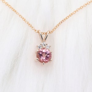 14k Pink Tourmaline Necklace | 5.0MM Pink Tourmaline Pendant | October Birthstone Necklace | Pink Tourmaline Diamond Necklace | Handmade