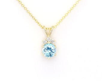 14k Blue Zircon Necklace | 5.0MM Blue Zircon Pendant | December Birthstone Necklace | Blue Zircon Diamond Necklace | 14k Gold Necklace