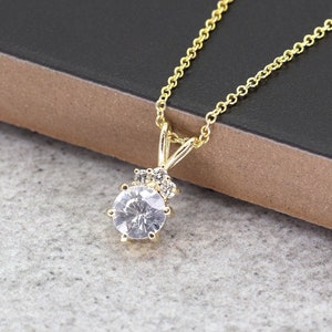 14k White Sapphire Necklace | 5.0MM White Sapphire | April Birthstone Necklace | Prong Setting