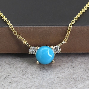 14k Turquoise Diamond Necklace | 5.0MM Turquoise Pendant | December Birthstone Necklace | Turquoise Charm | Real Gold Turquoise Necklace