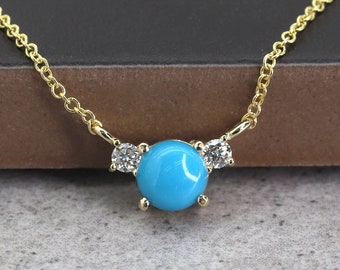 14k Turquoise Diamond Necklace | 5.0MM Turquoise Pendant | December Birthstone Necklace | Turquoise Charm | Real Gold Turquoise Necklace