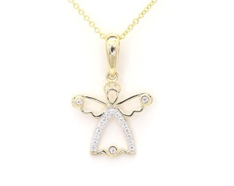 14k Guardian Angel Necklace | Real Gold Angel Pendant | Angel Diamond Necklace | Natural Diamond Religious Necklace | Luck Charm