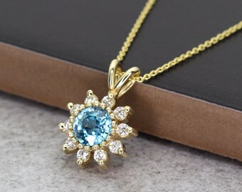 14k Blue Zircon Necklace | 6.0MM Blue Zircon Pendant Necklace | 14k Flower Necklace | December Birthstone Necklace | Gold Diamond Necklace