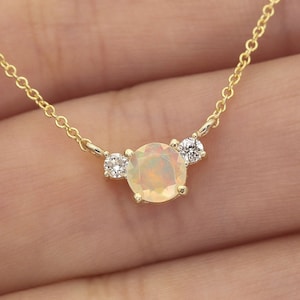 14k Opal Diamond Necklace | 5.0MM Natural Opal Pendant | October Birthstone Necklace | Opal Charm | Real Gold Necklace | 14k Opal Necklace