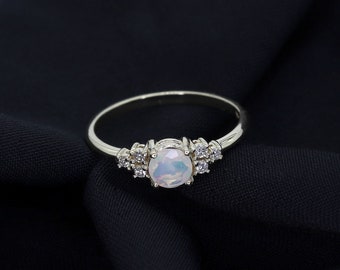 14k Opal Diamant Ring | 5.0MM Natürlicher Opal Verlobungsring | 14k Opal Ehering | Oktober Geburtsstein Ring | Diamantschliff Opal Ring