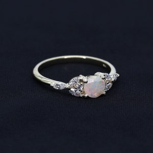 14k Opal Engagement Ring | 5MM Natural Opal Ring | 6 Marquise Diamond Ring | October Birthstone