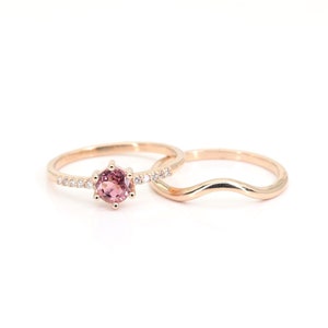 Pink Tourmaline Diamond Engagement Ring Set | 5.0MM Pink Tourmaline Diamond Wedding Ring Set | 14k Solid Gold Pink Tourmaline Ring