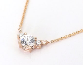 14k White Sapphire Necklace | 5.0MM White Sapphire with Natural Diamonds on the side