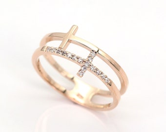 14k Double Cross Ring | Natural Diamond Ring | Real Gold Sideways Cross Ring | Double Band | Twin Band | Religious Ring | Girlfriend Gift