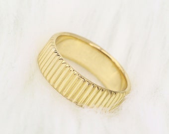 14k Vertical Lines Band | 5.2MM Geometric Band | Vertical Grooves | Real Gold Band | Vintage Ring | Rose Gold Ribbed Ring | Stackable Ring