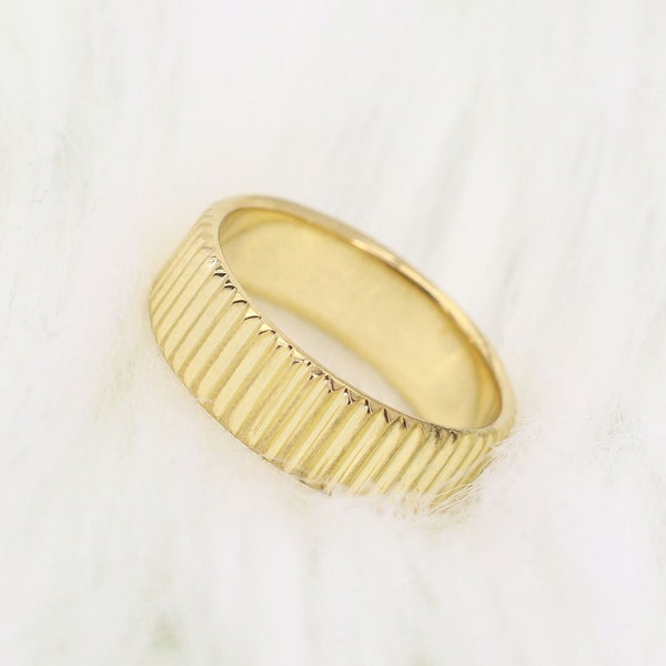 14k Vertical Lines Band | 5.2MM Geometric Band | Vertical Grooves | Real Gold Band | Vintage Ring | Rose Gold Ribbed Ring | Stackable Ring