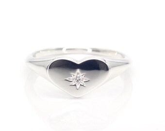 Pinky Ring | 14k Solid Gold Ring | 1.7MM Natural Diamond | Heart Ring