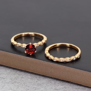 14k Garnet Engagement Ring Set | 6.0MM Garnet Wedding Ring Set | Diamond Ring Set | Diamond Engagement Ring | January Birthstone