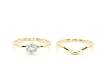 Solitaire Aquamarine Engagement Ring Set | 5.0MM Aquamarine Wedding Ring Set | March Birthstone Ring | 14k Aquamarine Ring | Promise Ring