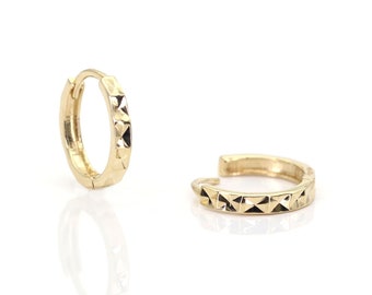 14k Diamond Cut Hoop Earrings | 8.6MM Shinny Huggies Earring | Real Gold Hoops | 1.8MM Thickness Yellow Gold Earring
