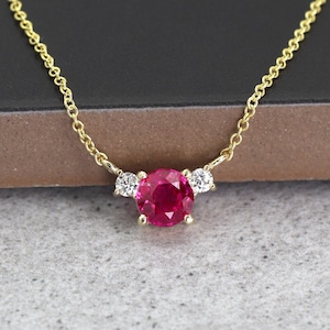 14k Lab Created Ruby Diamond Necklace | Real Gold Minimalist Ruby Necklace | 5.0MM Simulated Ruby Pendant | July Birthstone Necklace