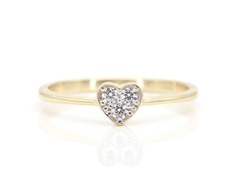 14k Diamond Heart Ring | Real Diamond Ring | Real Gold Heart Shaped Ring | April Birthstone Ring | Tiny Ring | Yellow Gold Ring | Mini Ring