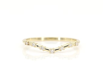 14k 7 diamant gebogen trouwring | 0,05 ct natuurlijke diamanten band | Verlovingsband | Stapelring | Echte gouden band | Diamanten trouwring