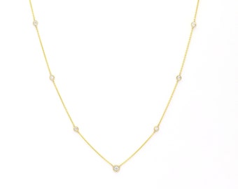 14k 7 Diamond By The Yard Necklace | 0.27ct Natural Diamond Necklace | 14k Necklace | Multi Diamond Layering Necklace | Choker Necklace