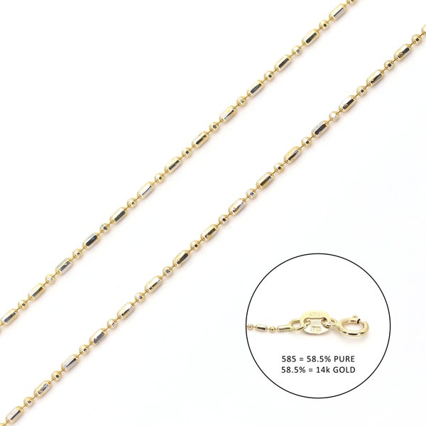 14k Yellow Gold Beaded Chain Necklace | 1.0 MM Diamond Cut Bead & Bar Chain | Real Gold Bar Bead Necklace | Ball and Bar Thin Chain