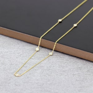 14k Diamond Necklace | 5 Stone Bezel Necklace | Diamond By The Yard Necklace | 0.15ct Natural Diamond Layering Necklace | Choker Necklace