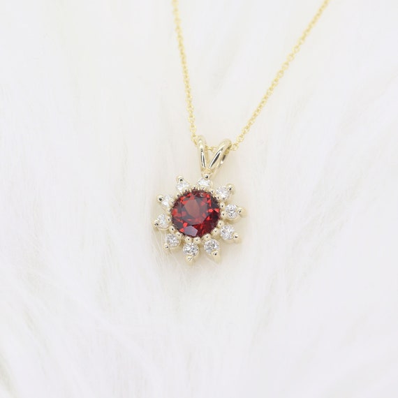14k Natural Garnet Necklace Garnet Pendant Necklace Flower  Necklace January Birthstone Necklace Natural Diamond Necklace