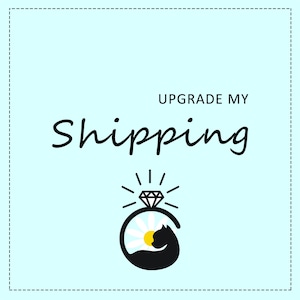 May include: Upgrade My Shipping text with a black cat curled up with a diamond ring on a white daisy on a light blue background.