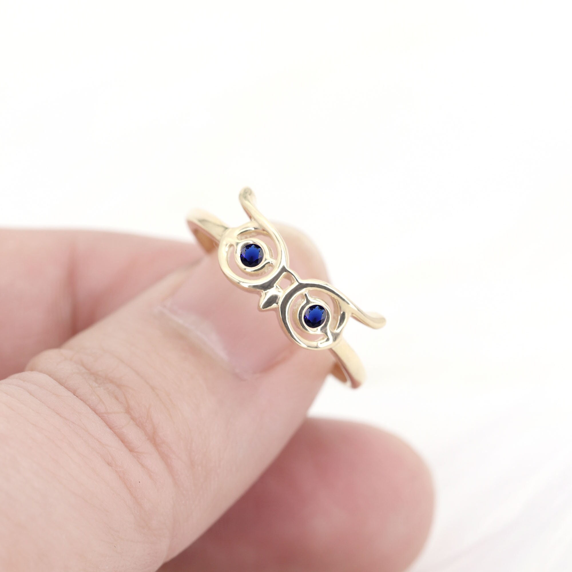 14k Owl Ring | Natural Sapphire Eyes Ring | Yellow Gold Animal Ring | Statement Bird Ring | Sapphire