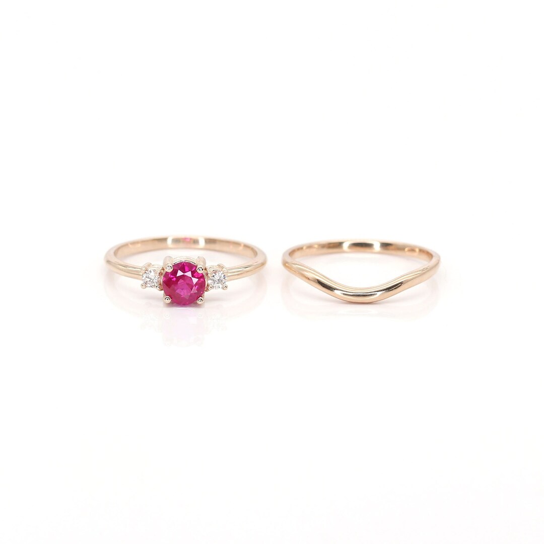 Ruby Rings Set 14k Ruby Diamond Ring Set | 5.0MM Lab Created Ruby Ring Set | Ruby ...