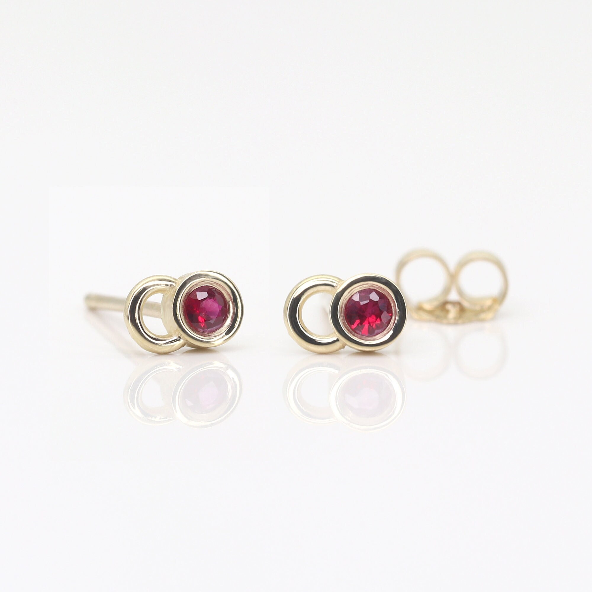 Double Circle Ruby Earring | 14k Bezel Earring | Single or Pair Tiny ...