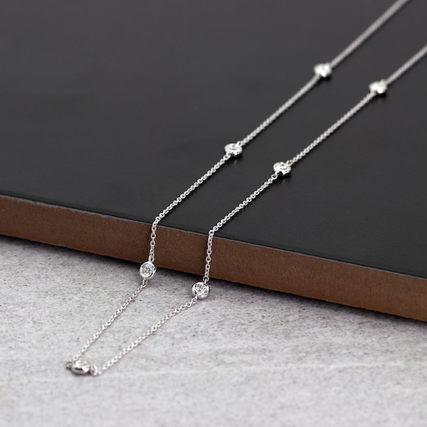 14k Diamond Necklace | 7 Stone Bezel Necklace | Diamond By The Yard Necklace | 0.23ct Natural Diamond Layering Necklace | Choker Necklace