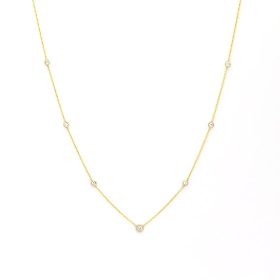 14k 7 Diamond By The Yard Necklace | 0.27ct Natural Diamond Necklace | 14k Necklace | Multi Diamond Layering Necklace | Choker Necklace