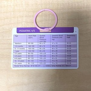 May include: A rectangular reference card titled PEDIATRIC V/S with a light pink plastic ring attached at the top. The card features a purple table listing age-based vital signs including heart rate, systolic blood pressure, and respiratory rate.
