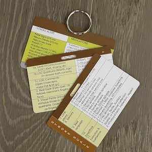 May include: A set of three rectangular medical reference cards attached to a silver metal keyring. The cards feature brown headers with white text reading STROKE ALERT and STROKE SCALE, with yellow and white sections containing clinical data.