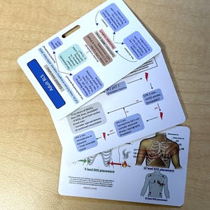 May include: Two white rectangular reference cards featuring medical flowcharts and diagrams. The top card displays Adult BLS protocols with blue and tan text boxes. The bottom card shows 5-lead and 12-lead EKG placement diagrams with anatomical illustrations of the human chest.