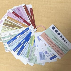 May include: A set of medical reference cards fanned out on a ring, featuring color-coded sections for EKG, stroke scales, medications, and blood gas analysis. Each card contains printed tables, medical terminology, and diagnostic information.