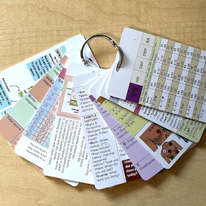 May include: A fan of medical reference cards held together by a silver ring. The cards display medical information, including vital signs, symptoms, and treatments. The cards are on a light brown surface.