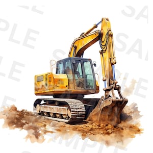May include: A yellow excavator with a large metal bucket is digging in the dirt. The excavator is on a dirt track and is surrounded by brown dirt.