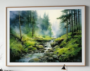 Watercolor Dense Forest Landscape Printable. Printable Wall Art. Digital Art. Green Forest Trees Painting Print. Nature Decor. Forest Art
