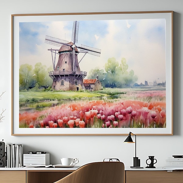 Netherlands wall art prints digital download Tulip field wall art digital print Windmill painting downloadable art Holland landscape print