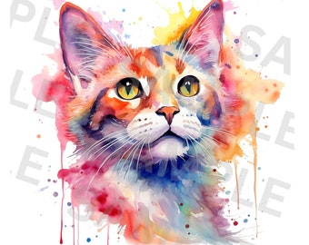 Watercolor Splashed Cartoon Cat Print Clip Art | Transparent PNG Digital Instant Download | Sublimation Clipart Design | Printable Art