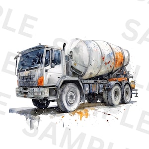 Camión mezclador de cemento acuarela PNG, camión de hormigón PNG, clipart de construcción, PNG transparente para sublimación, clipart de equipo pesado
